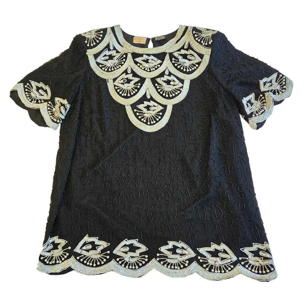 Roaman's Black Beaded Sequin Silk Top Short Sleeve Embellished Party Blouse